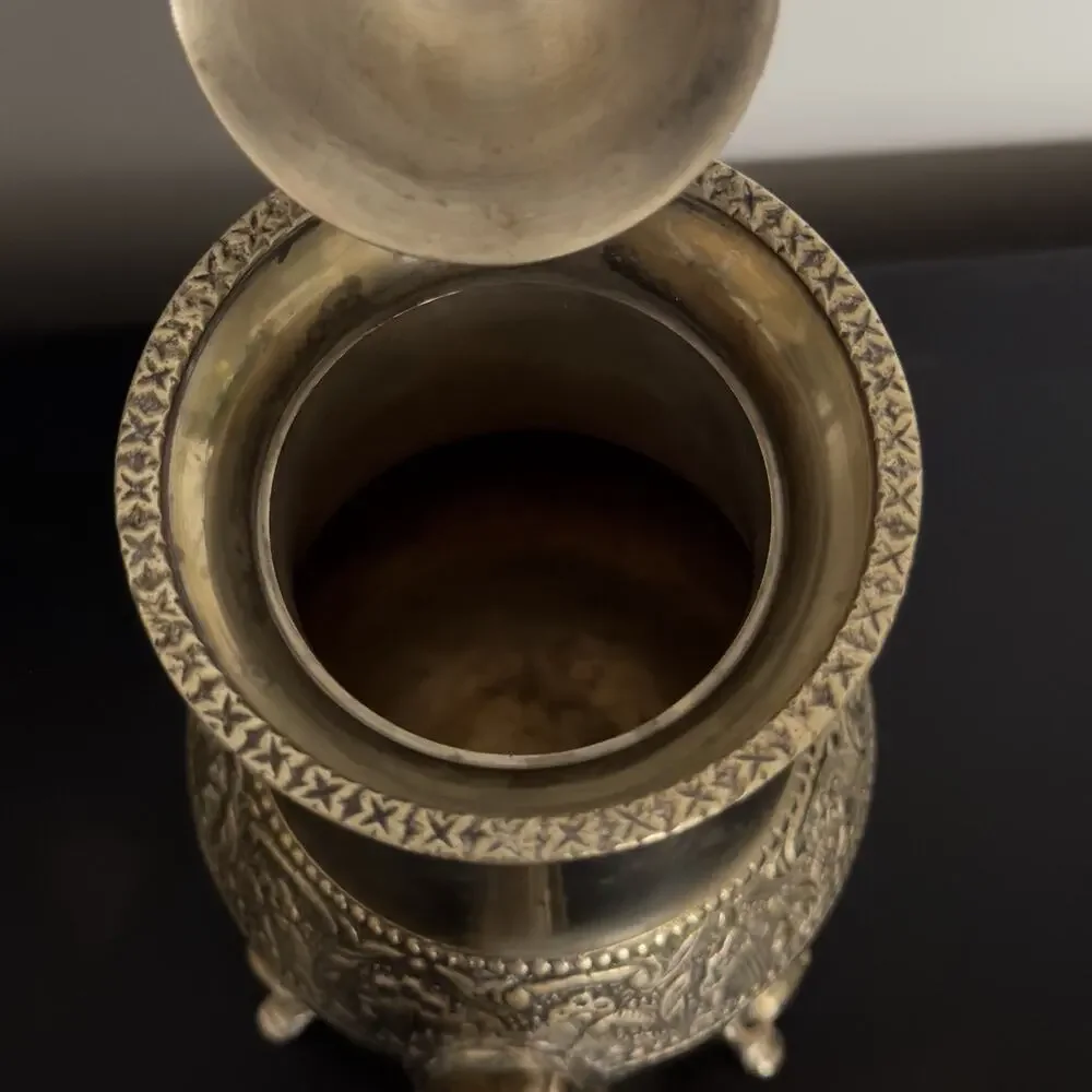 Vintage Ornate Brass Coffee Tea Pot Footed Floral Embossed Decorative Ewer